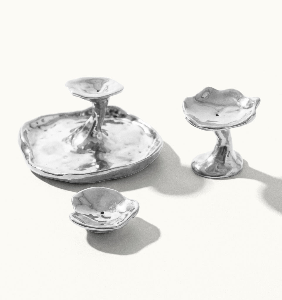 Trio de Castiçais / Incensário Fungo - Aluminio